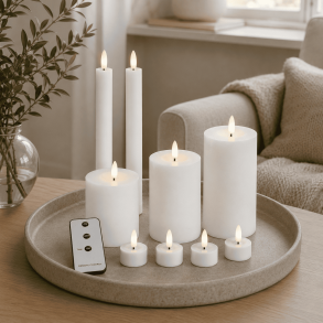 LED lyss�t - Bloklys, kronelys og fyrfadslys, hvid - 10 dele inkl. fjernbetjening