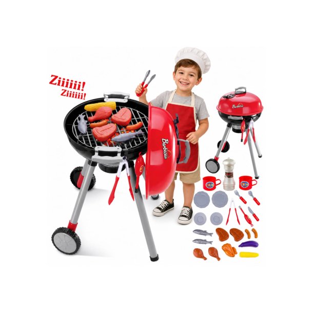 Leksaksgrill f�r barn med ljus och ljud � grillmat och tillbeh�r