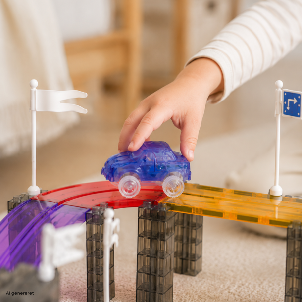 Magnetisk bilbane til b�rn med selvk�rende LED-bil � 137 dele