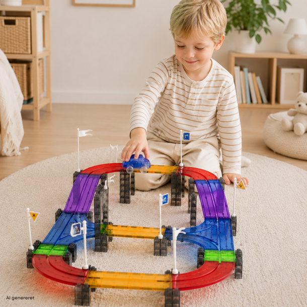 Magnetisk bilbane til b�rn med selvk�rende LED-bil � 137 dele