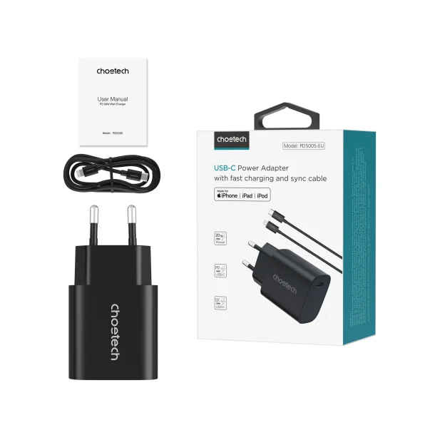 Choetech USB-C PD vgoplader, 20W, sort