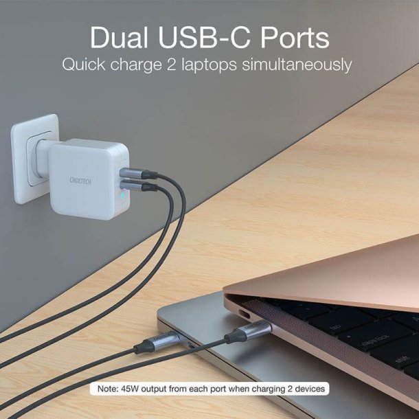 Choetech USB-C PD vgoplader, 2-port GaN, 100W, hvid