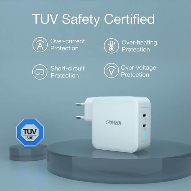 Choetech USB-C PD vgoplader, 2-port GaN, 100W, hvid