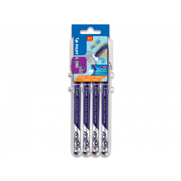 Pilot Frixion Fineliner 1,3mm Basic, ass. farver, 4 stk, udviskbar pen