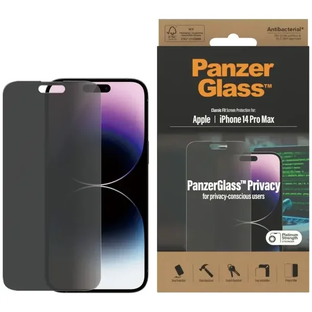 PanzerGlass skrmbeskyttelse iPhone 14 Pro Max - Privacy, antibakteriel
