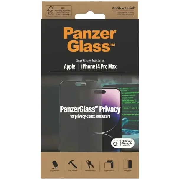 PanzerGlass skrmbeskyttelse iPhone 14 Pro Max - Privacy, antibakteriel