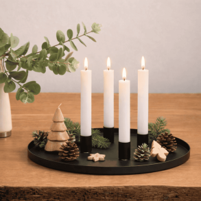 Rundt dekorationsfad i sort med 4 magnetiske lysholdere