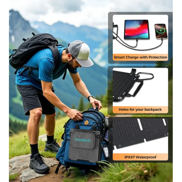 Choetech solcellepanel med 2 porte, 28W, gr
