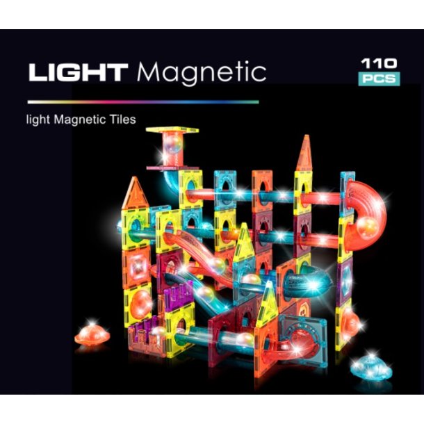 Magnetic Tiles kulbana med ljus, 110 delar