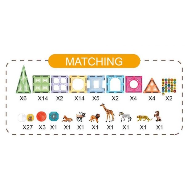 Magnetic Tiles - Med dyr og lys, 89 dele