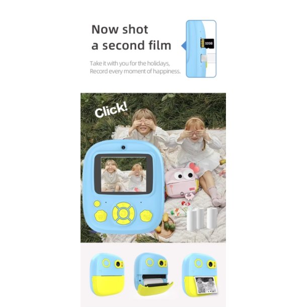 Digital Kamera til brn, m. termisk Printer, bl