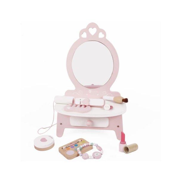 Sminkbord i tr� � fris�r- och makeupbord med spegel och 11 delar