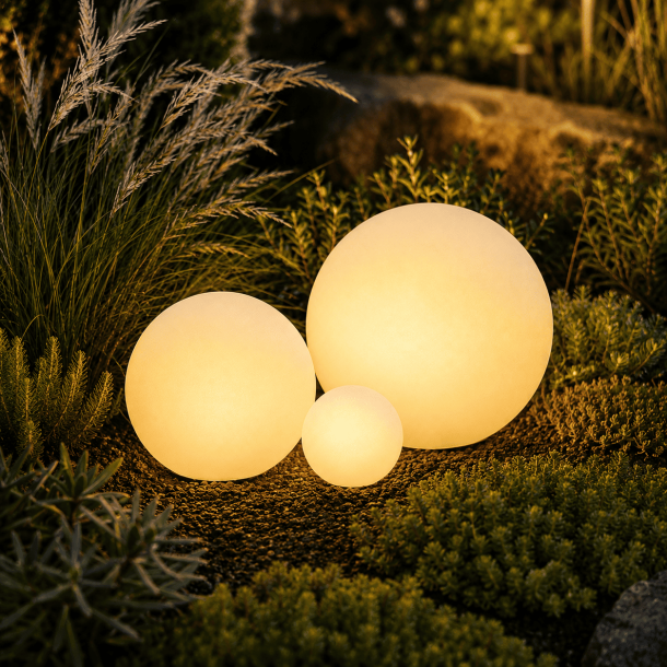 Solcelle LED lyskugler til haven � 3 stk s�t �15, �25 og �30 cm