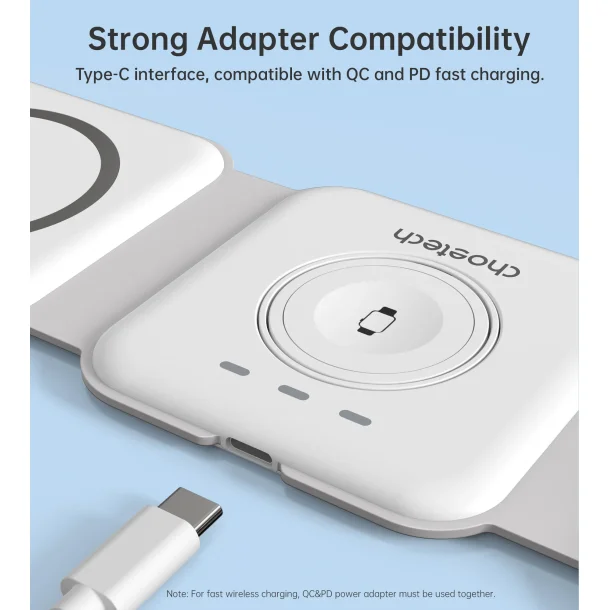 Choetech trdls magnetisk oplader 3-i-1, foldbar, hvid