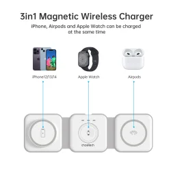 Choetech trdls magnetisk oplader 3-i-1, foldbar, hvid