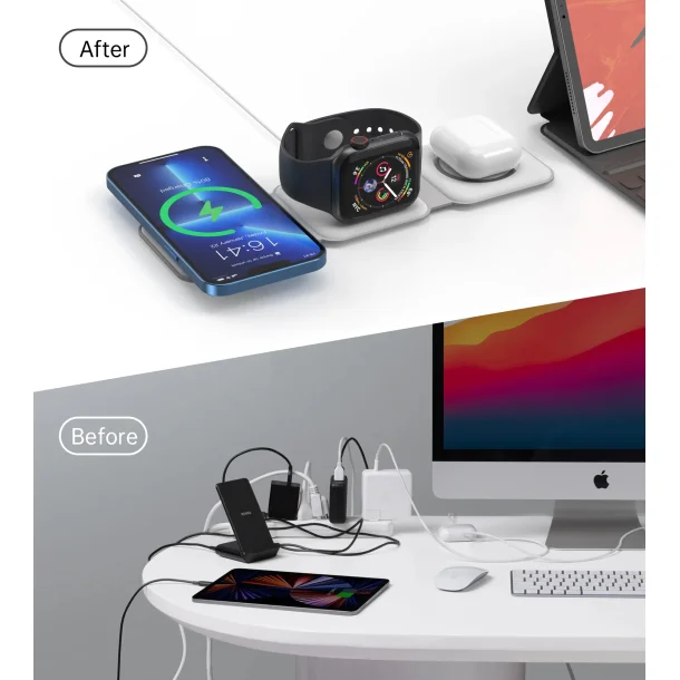 Choetech trdls magnetisk oplader 3-i-1, foldbar, hvid