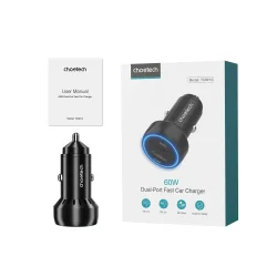 Choetech bilcharger 2-port USB-C + USB-A, QC, 60W svart