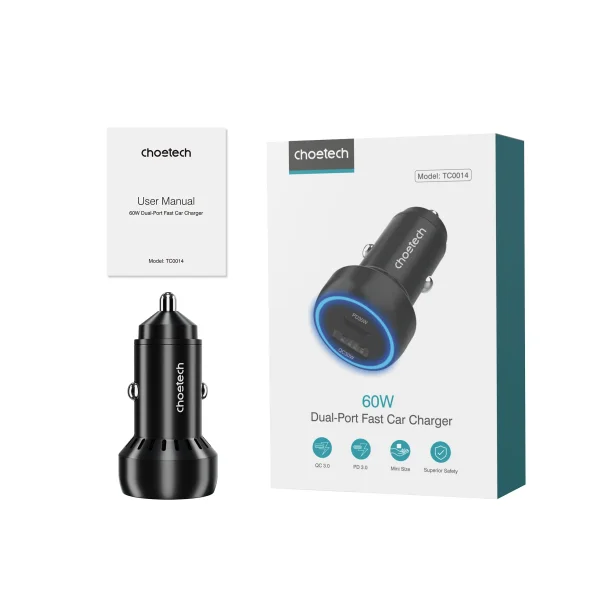 Choetech bilcharger 2-port USB-C + USB-A, QC, 60W svart