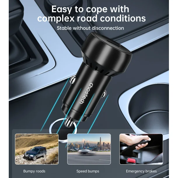 Choetech bilcharger 2-port USB-C + USB-A, QC, 60W svart