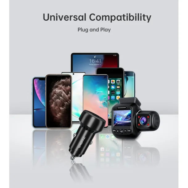 Choetech bilcharger 2-port USB-C + USB-A, QC, 60W svart