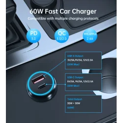 Choetech bilcharger 2-port USB-C + USB-A, QC, 60W svart