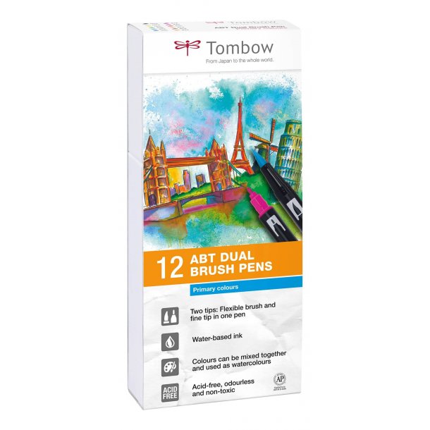 Tombow ABT Dual Brush 12P-1 Basic, 12 stk, tusch med dobbeltspids