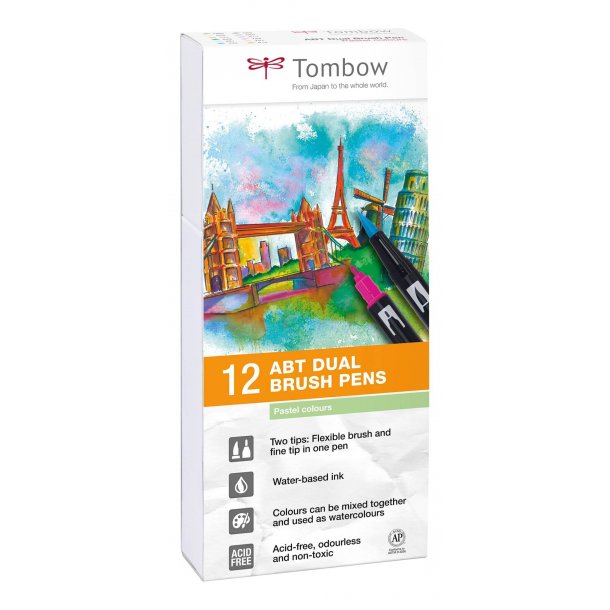 Tombow ABT Dual Brush 12P-2 Pastel, 12 stk, tusch med dobbeltspids