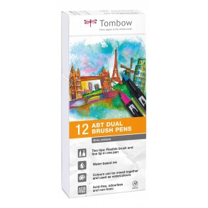 Tombow ABT Dual Brush 12P-3, gr farver, 12 stk, tusch med dobbeltspids
