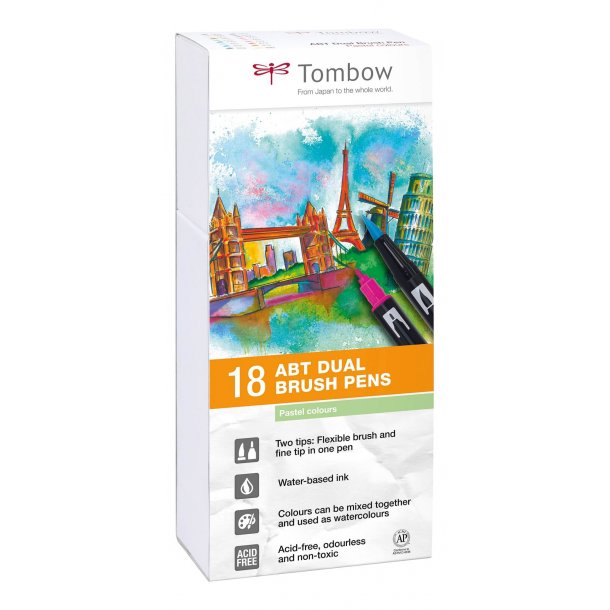 Tombow ABT Dual Brush 18P-5 Pastel, 18 stk, tusch med dobbeltspids