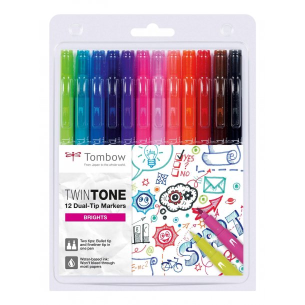 Tombow TwinTone, Tusch med Dobbletspids, 12 stk, Brights