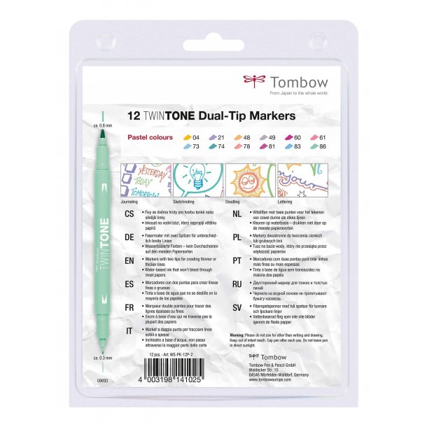 Tombow TwinTone Tusch med Dobbeltspids, 12 stk, Pastel