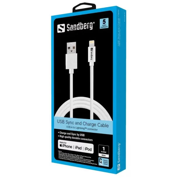 Sandberg USB - lightning kabel, 1 m, hvid