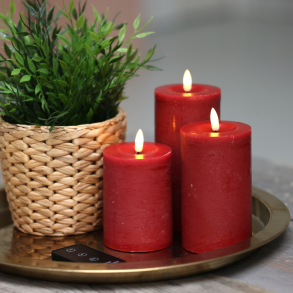 LED bloklys 3 stk �7,5 cm. r�d med fjernbetjening