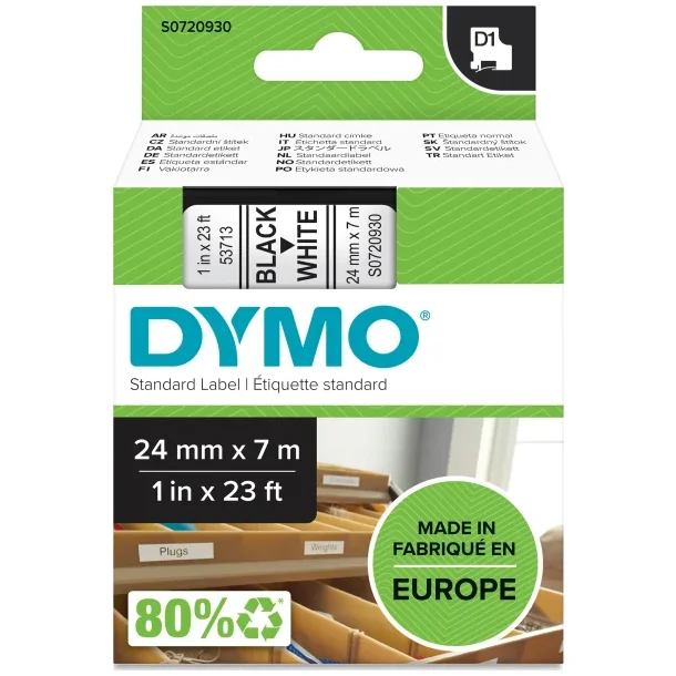 DYMO D1 labeltape 24mm, sort p hvid