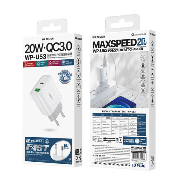 Vægoplader - PD + QC 3.0, 20W adapter hvid