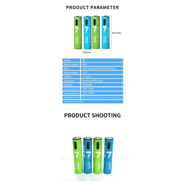 Genopladelige Lithium Batterier, USB-C, 1200 mAh, AAA, 4 stk