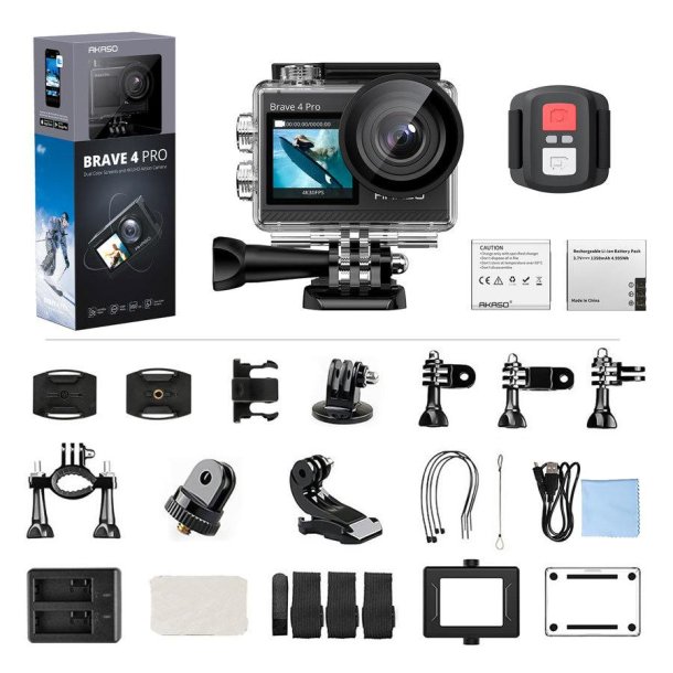 AKASO Brave 4 Pro Action Kamera - 4K/30fps, 20MP, Dobbeltskrm