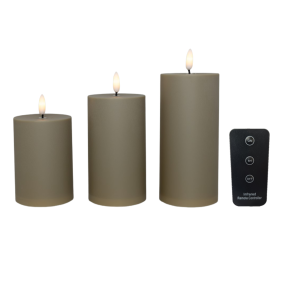 LED bloklys -udendrs, sand, 3 stk. inkl. fjernbetjening