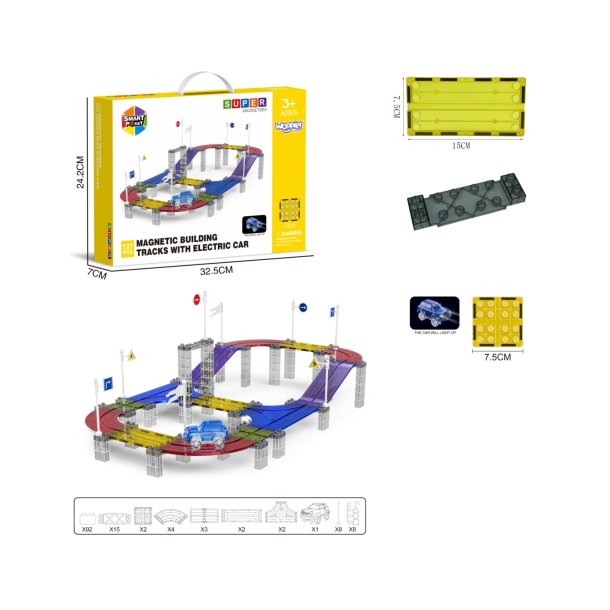 Magnetisk bilbane til b�rn med selvk�rende LED-bil � 137 dele